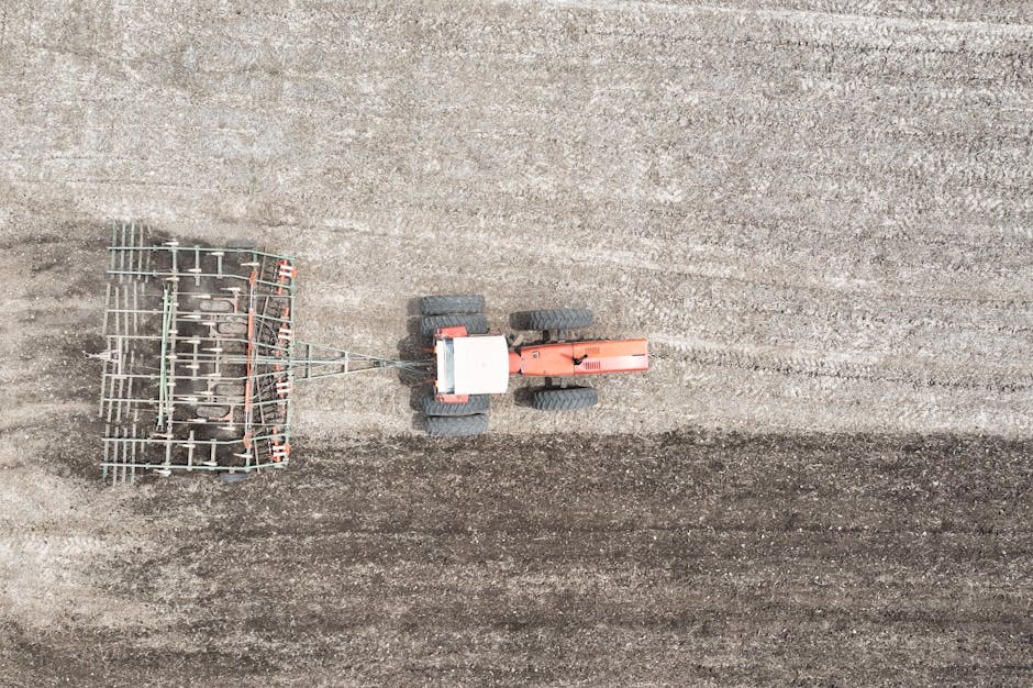 An aerial view of a small red and black tractor equipped with large, rugged tyres, positioned on a large, flat, soil-covered area. Attached to the tractor is a metal agricultural implement, possibly a rake or harrow, used for soil cultivation or planting. The terrain is uniform with visible tire tracks and compacted soil, indicating recent work or preparing for a planting or harvesting process. The scene is outdoors under natural lighting, with no other objects or structures in sight. This image exemplifies the type of equipment used during farmland or garden soil preparation, relevant for home relocation or gardening projects managed by professionals like Harrow Man and Van, who handle logistics of unloading and transporting such machinery during house removals or land clearance services.
