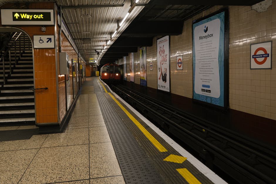 Inside the Harrow and Wealdstone underground station, showing a platform with beige tiled walls and a yellow safety line along the edge. On the left, there is a staircase with black and white steps leading up, and a sign indicating the way out. Further along the platform, a red London Underground train is approaching the station, with its front lights visible in the distance. The platform surface is made of speckled beige and brown tiles, and various advertisements and informational posters are displayed on the station walls. This scene captures the typical environment of a commuter station, emphasizing the platform layout and the train's approach, relevant for illustrating home relocation or moving logistics involving station access and transportation in Harrow. Harrow Man and Van may assist with packing, transport, and station access advice as part of a comprehensive removals service.